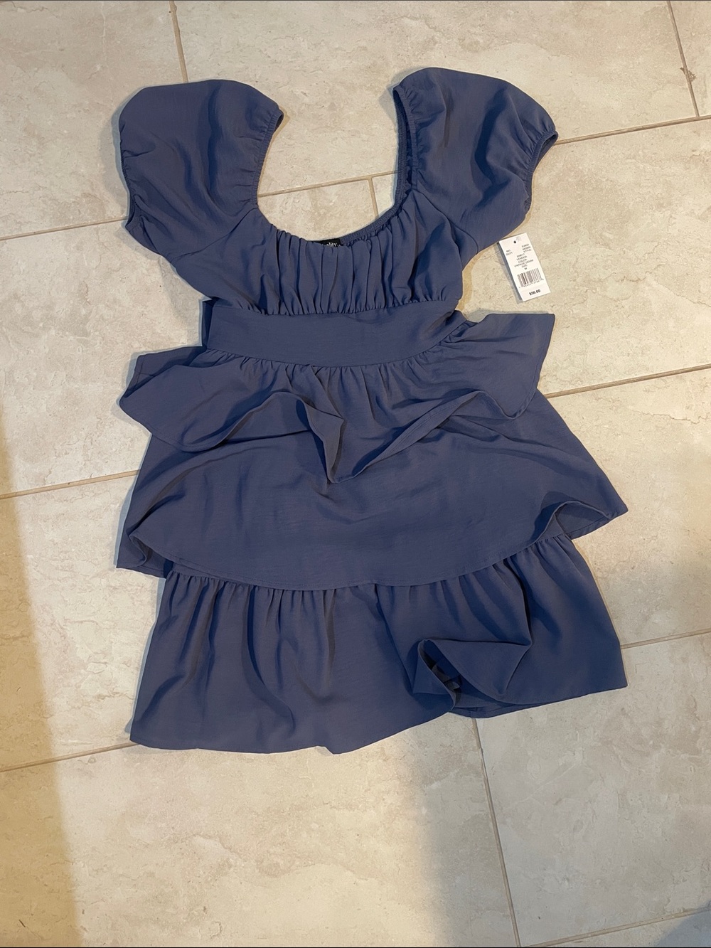 Juniors Navy Tiered Ruffle Dress with Puff Sleeves